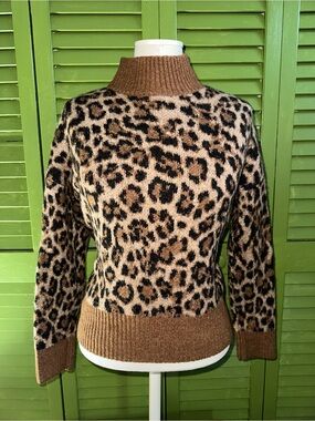 LOFT Leopard Print Turtleneck Sweater in Brown and Black Wool Blend